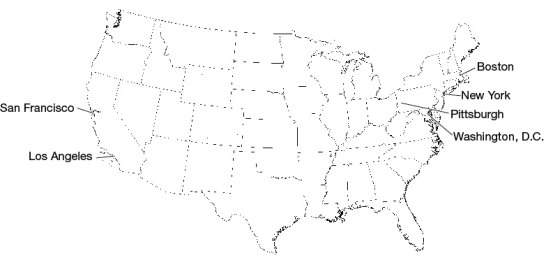 Refer to the map below.   Which of the following people is likely to experience the most serious case of jet lag? A)  Marie, who drove for 12 hours from Pittsburgh to Boston B)  Brett, who flew for six hours from San Francisco to Boston C)  Michelle, who flew for six hours from New York to Los Angeles D)  Jessica, who flew for two hours from Washington,D. C., to Boston after her flight was delayed for three hours on the runway