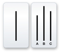 Refer to the figure below.    A research participant is shown the image above. She is asked to indicate which line from the group on the right matches the first line shown. If she is alone, she will choose _______, if she is in a group of six people who all choose B, she is most likely to choose _______.