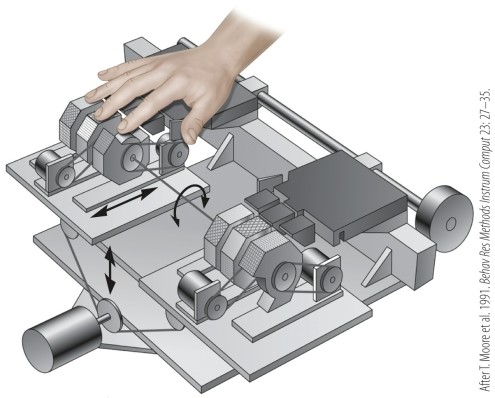 Refer to the figure.   This figure illustrates an apparatus used to A)  measure bodily reaction to hot and cold stimuli. B)  measure signals from the fingers to the brain. C)  display targets to the fingertips. D)  administer painful sensations to the fingertips. E)  measure pain thresholds.