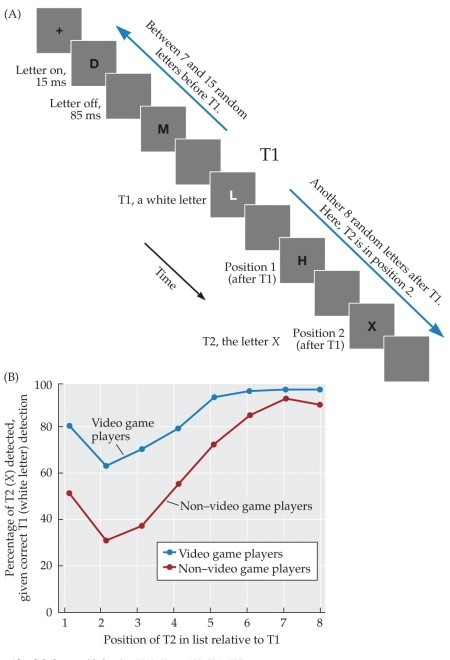 Refer to the figure.   The figure depicts an attention phenomenon known as the A)  illusory conjunction. B)  attentional blink. C)  RSVP paradigm. D)  binding problem. E)  search performance deficit.