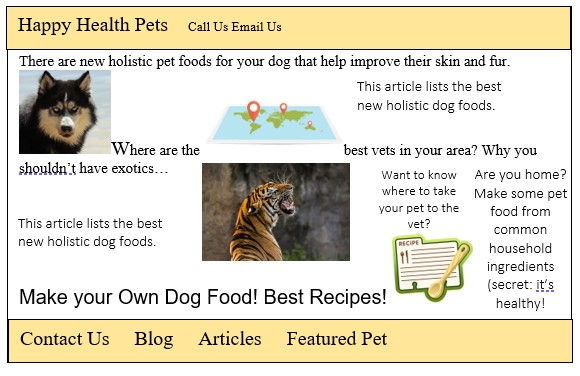 Below is the home page of a website that provides pet owners holistic ways and treatments options to care for their pet's health. Knowing what you know about effective document design, first describe what makes the website unusable, than describe how you would use design elements to effectively design the webpage, make it visually effective, and improve the usability.