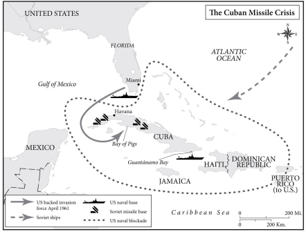   -This map shows why the Cuban missile crisis nearly led to war between the US and the Soviet Union A)  Cuba's proximity to the continental US B)  The fact that the US felt Cuba was an ally C)  The threat to US ally Mexico D)  The threat to US shipping in and out of the port of Miami