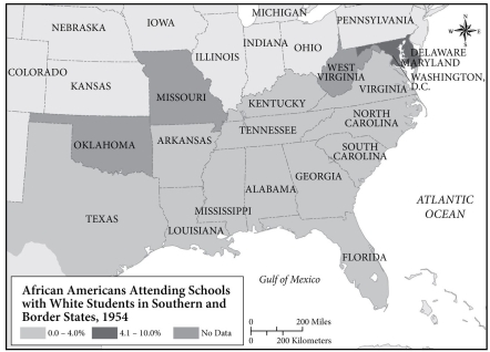   -According to this map, the percentage of Black and white students attending school together in most southern states was A)  Less than 10% B)  Less than 5% C)  Less than 4% D)  Zero