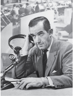   -Pictured here is Edward R. Murrow, who became a legendary newsman through his A)  WWII newsreels B)  Nightly radio show C)  Twenty-four-hour-a-day news channel D)  Traveling news program