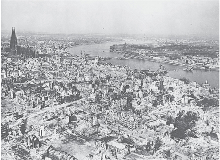   -This image shows the German city of Cologne in ruins as a result of A)  Trench warfare B)  Wartime bombing C)  Artillery bombardments D)  An atomic bomb attack