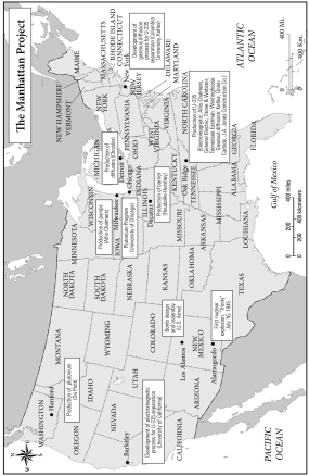   -How does this map reflect a new kind of collaboration between industry and government on the Manhattan Project? A)  It shows that the majority of the atomic bomb was built on military bases B)  It shows industry using government facilities to produce the atomic bomb C)  It shows that military schools played a pivotal role in developing bomb technology D)  It shows the various companies across the country who produced components for the atomic bomb, which was assembled and tested by the military