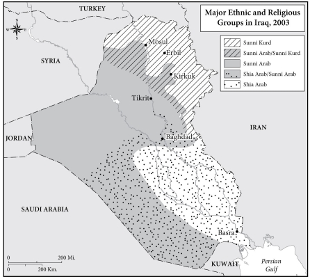   -This map illustrates one of the problems that US forces had with pacifying Iraq, A)  Ethnic divisions B)  Lack of support for government C)  Awkward terrain D)  Weather