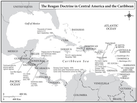   -This map shows A)  How intensively Reagan adopted an interventionist foreign policy B)  That the majority of interventions under Reagan happened in the Caribbean C)  That Reagan was limiting American foreign policy commitments D)  That Americans were less and less concerned with the threat of communism