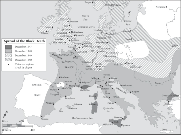   Which regions were struck by the plague in December 1350? (Select all that apply.)  A)  Sicily B)  Northern Ireland C)  Scandinavia D)  Southern England