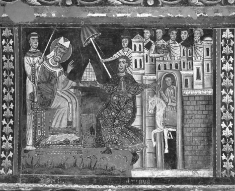   Considering posture and gestures, which figure is depicted as all-powerful in this fresco? A)  Pope Sylvester I B)  Emperor Constantine C)  The personified city of Rome D)  Local bishops