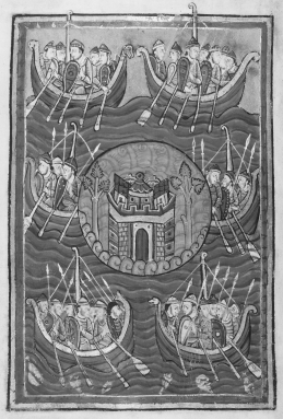   How might this manuscript image communicate unease about England being invaded? (Select all that apply.)  A)  It depicts dragon-headed boats crammed with men, emphasizing the number of invaders B)  It shows a mix of men and women, suggesting settlement rather than invasion C)  It sets the isolated island in the middle, highlighting the extent to which England was perceived to be surrounded D)  It borrows from an Islamic style of drawing, pointing out the foreignness of the invaders