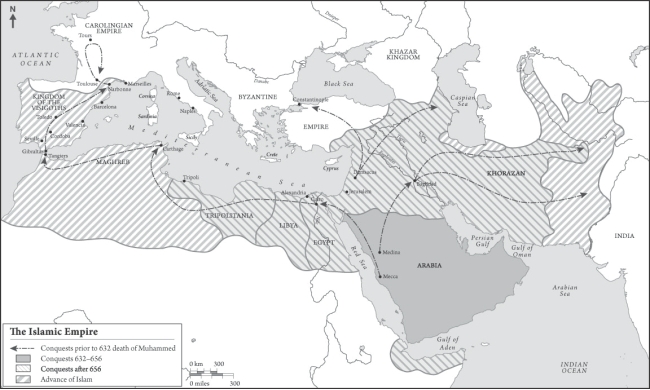   Which areas did Muslims conquer immediately after the death of Muhammad? A)  The Iberian peninsula B)  The Maghreb C)  The Arabian peninsula D)  The Khazar kingdom