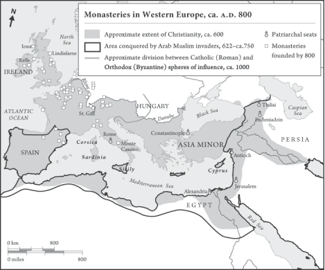   What area had the densest population of monasteries c. 800 CE? A)  The Italian peninsula B)  England and Scotland C)  Northern France and the Rhine Valley D)  Asia Minor