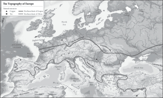   What does this map indicate about coastal Mediterranean economies? A)  The coast acquired all its resources only by trade B)  Copper was widely available to coastal miners C)  Coastal crop output was limited by the narrowness of arable land D)  The extreme north was a larger producer of wine than the coast
