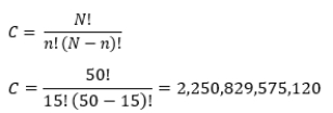 To calculate the number of possible unique samples, we use formula 5-1:   The total number of unique samples of 15 that can be drawn from a population of 50 is 2,250,829,575,120. 2.