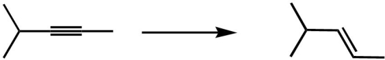 Which reagent is the best choice to complete the following transformation?   A)  Na, NH<sub>3(liq) </sub> B)  NaNH<sub>2</sub> C)  1. NaBH<sub>4</sub>, 2. H<sub>3</sub>O<sup>+</sup> D)  1 mole H<sub>2</sub>/Pd/C E)  H<sub>2</sub>, Lindlar catalyst