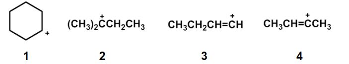 Rank the following carbocations in order of decreasing stability.   A)  2 > 1 > 4 > 3 B)  2>1>3>4 C)  4>3>2>1 D)  3>4>2>1 E)  2>4>3>1