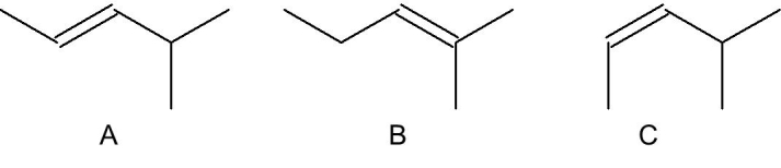 Which of the following alkenes has the greatest heat of hydrogenation?   A)  A B)  B C)  C D)  all are about the same E)  A and B have the greatest