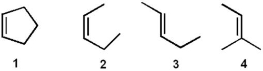Rank the following compounds in order from most stable to least stable.   A)  1>2>3>4 B)  1>2>4>3 C)  4>1>2>3 D) 4>3>2>1 E)  2>4>1>3