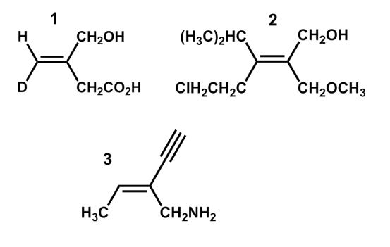 Which of the following structures is an E isomer?   A)  1 B)  2 C)  3 D)  1 and 2 E)  1 and 3