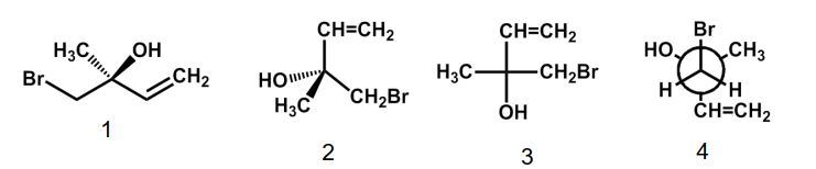 Which of the following structures has the S configuration?   A)  1 B)  2 C)  3 D)  4 E)  1 and 3