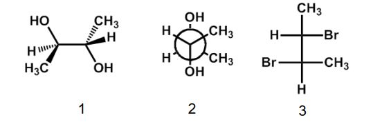 Which of the following structures has the S,S configuration?   A)  1 B)  2 C)  3 D)  1 and 3 E)  none of the above Structures 1 and 3 are meso and must have R and S asymmetric centers. Structure 2 has no plane of symmetry.