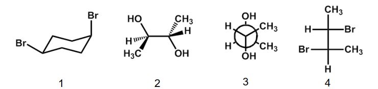 Which of the following structures is a meso compound?   A)  1 B)  2 C)  3 D)  4 E)  2 and 4
