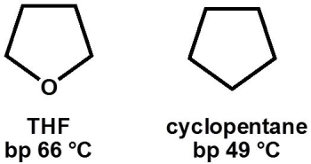 Why, primarily, does tetrahydrofuran (THF, bp 66 °C)  have a higher boiling point than cyclopentane (bp 49 °C) ?   A)  increased London dispersion forces B)  hydrogen bonding C)  increased mass D)  decreased London dispersion forces E)  dipole-dipole interactions