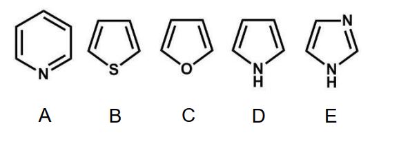 Which of the following heterocycles is pyrrole?   A)  pyridine B)  thiophene C)  furan D)  pyrrole E)  imidazole