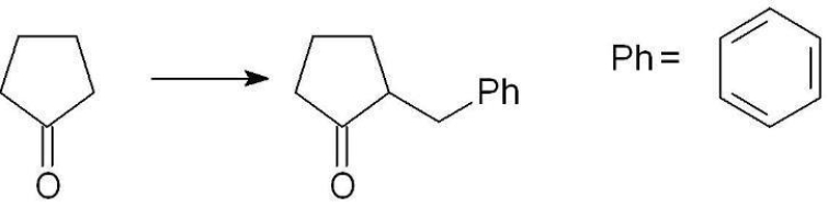 Which set of reagents can be used to synthesize the following compound?   A)  1. CH<sub>3</sub>NH<sub>2</sub>/H<sup>+</sup> 2. C<sub>6</sub>H<sub>5</sub>-Br B)  1. NaOH 2. C<sub>6</sub>H<sub>5</sub>-CH<sub>2</sub>OTs C)  1. NaH 2. CH<sub>3</sub>CH<sub>2</sub>Br D)  1. LDA 2. C<sub>6</sub>H<sub>5</sub>-CH<sub>2</sub>Br E)  1. CH<sub>3</sub>MgBr 2. C<sub>6</sub>H<sub>5</sub>-CH<sub>2</sub>Br
