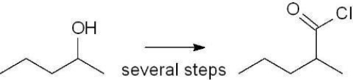Which set of reagents will produce the indicated product?   A)  1. H<sub>2</sub>CrO<sub>4</sub> 2. SOCl<sub>2</sub>/pyridine 3. H<sub>2</sub>O B)  1. TsCl/pyridine 2. NaCN 3. H<sub>3</sub>O<sup>+</sup>/? 4. SOCl<sub>2</sub>/pyridine C)  1. Acetic anhydride 2. SOCl<sub>2</sub>/pyridine D)  1. Acetic acid/H<sub>3</sub>O<sup>+</sup> 2. PCl<sub>3</sub>/pyridine E)  1. Ethyl acetate/H<sub>3</sub>O<sup>+</sup> 2. NaCl