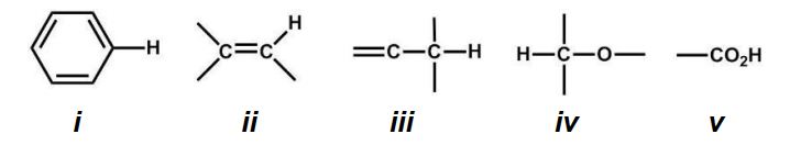 List the <sup>1</sup>H signals in order from highest to lowest chemical shift (frequency) .   A)  v, iv, iii, ii, i B)  i, ii, v, iv, iii C)  v, i, ii, iv, iii D)  v, ii, i, iii, iv E)  iv, iii, ii, i, v