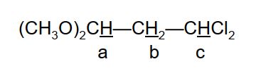 Predict the splitting pattern for protons a, b, and c, giving that for  a  first.   In order of protons a, b, c A)  singlet, doublet, singlet B)  doublet, triplet, doublet C)  triplet, multiplet, triplet D)  triplet, doublet of doublets, triplet E)  triplet, triplet, triplet