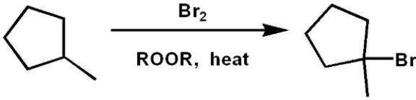 Calculate the percentage yield of the product below formed by radical bromination. [Relative reactivities: 1°(1) , 2°(82) , 3°(1600) ]   A)  5% B)  15% C)  29% D)  41% E)  71%