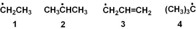 Rank the radicals in order from most stable to least stable.   A)  1>2>3>4 B)  4>3>2>1 C)  3>4>2>1 D)  1>2>4>3 E)  4>2>3>1