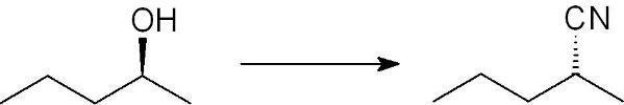 Which set of reaction conditions will produce the indicated product?   A)  1. TsCl/pyridine 2. NaCN B)  PBr<sub>3</sub>/pyridine 2. NaCN C)  SOCl<sub>2</sub>/pyridine 2. NaCN D)  PCl<sub>3</sub>/pyridine 2. NaCN E)  B, C, and D will all work.