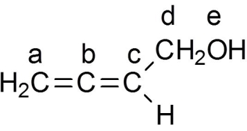 <strong>Which atom is sp hybridized?  </strong> A) a B) b C) c D) d E) e <div style=padding-top: 35px> 