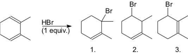 <strong>Which products are, respectively, the kinetic and thermodynamic product?  </strong> A) 1,2 B) 1,3 C) 2,1 D) 2,3 E) 3,1 <div style=padding-top: 35px> 