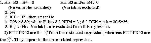 A) If EX1 increases 1 unit, then WHY is expected to increase 20.04 units holding EX2 constant. B) 99% of the variation in WHY is explained by EX1 and EX2. C) 12.57 and 1.314 D) 1) Ho: B _ { 2 } = 0 Ha: B _ { 2 } > 0 (minus 2 for messing up step 1) 2) 5% 3) If t-ratio > t<sup>c</sup>, then reject Ho 4) 66.84 > 1.703 (d.f. = n- k = 30 - 3 =27) 5) Reject Ho \rightarrow \beta _ { 1 } is not significantly positive E) Not reject because the P-value > .87 F) 1. Ho: \beta _ { 2 } = 7.47 \quad Ha: \beta _ { 2 } > 7.47 2.5 \% 3. If t-ratio > t , then reject \mathrm { Ho } 4. ( 20.04 - 7.47 ) / 12.57 = 1 < 1.703 (d.f. = \mathbf { n } - \mathbf { k } = 30 - 3 = 27 ) 5. Do not reject Ho; \beta _ { 2 } is not statistically greater than 7.47 . G) All we have to go on is significance and EX1 is insignificant at the 5% critical level. So the equation may be over specified. H) 1)