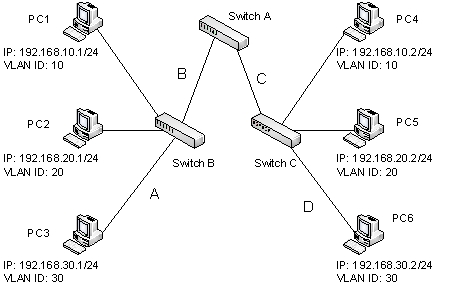 <strong>Refer to the figure below.   Which physical links should carry tagged Ethernet frames when PC3 and PC6 communicate?</strong> A) A, B, C, and D B) A and D only C) B and C only D) A, B, and C E) B,C, and D <div style=padding-top: 35px> 