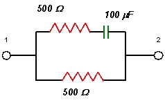  For the following circuit, determine the impedance at a frequency of 1 Hz. Z<sub>Re</sub> = __________  \Omega  and Z<sub>Im</sub> = ____________  \Omega     