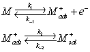 Consider a reaction given by . -In the above reaction, the rate constants are given by k _ { i } = k _ { i 0 } e ^ { b ^ { \prime } E } where E is measured wrt equilibrium potential. Given that k<sub>10</sub> = 10<sup>-7</sup> mol cm<sup>-2</sup> s<sup>-1</sup>, b<sub>1</sub> = 20 V<sup>-1</sup>, b<sub>-1</sub> = -18 V<sup>-1 </sup> , k<sub>2</sub> = 10<sup>-5</sup> mol cm<sup>-2</sup> s<sup>-1</sup>, k<sub>-2</sub> = 10<sup>0</sup> cm s<sup>-1</sup> and the concentration of M _ { s o l } ^ { 2 + } as 25 mM, determine (i) k<sub>-10</sub> = ___________ mol cm<sup>-2 </sup> s<sup>-1</sup> . At E = 0.3 V vs. Equilibrium. potential, (ii) value of k<sub>1dc</sub> = ___________mol cm<sup>-2</sup> s<sup>-1</sup>, (iii) k<sub>-1dc</sub> = ___________mol cm<sup>-2</sup> s<sup>-1</sup>, (iv) steady state fractional surface coverage of the intermediate is _______ Remember that 1 M = 1 mol/lit = 10<sup>-3</sup> mol/ cm<sup>3</sup>.
