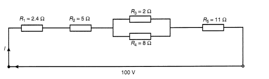 For the series-parallel network shown in Figure RT2.1, find (a) the supply current, (b) the current flowing through each resistor, (c) the p.d. across each resistor, (d) the total power dissipated in the circuit, (e) the cost of energy if the circuit is connected for 80 hours. Assume electrical energy costs 14 p per unit. Figure RT2.1