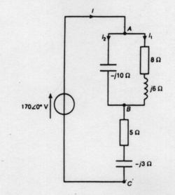 For the network shown in Figure RT8.1, determine Figure RT8.1 (a) the equivalent impedance of the parallel branches, (b) the total circuit equivalent impedance, (c) current I, (d) the circuit phase angle, (e) currents Iand I, (f) the p.d. across points A and B, (g) the p.d. across points B and C, (h) the active power developed in the inductive branch, (i) the active power developed across the - j10 <font face=symbol></font> capacitor, (j) the active power developed between points B and C, (k) the total active power developed in the network, (l) the total apparent power developed in the network, (m) the total reactive power developed in the network