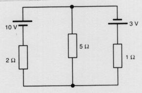 Find the current flowing in the 5 <font face=symbol></font> resistor of the circuit shown in Figure RT4.1 using (a) Kirchhoff's laws, (b) the superposition theorem, (c) Thevenin's theorem, (d) Norton's theorem. Demonstrate that the same answer results from each method. Find also the current flowing in each of the other two branches of the circuit. Figure RT4.1