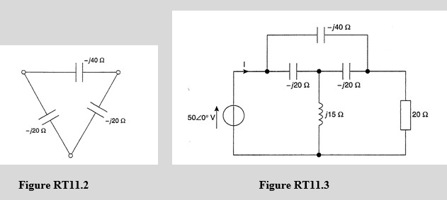 Transform the delta-connection in Figure RT11.2 to its equivalent star connection. Hence determine for the network shown in Figure RT11.3, (a) the total circuit impedance, (b) the current I, (c) the current in the 20 <font face=symbol></font> resistor, and (d) the power dissipated in the 20 <font face=symbol></font> resistor