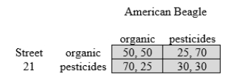 The following table shows the net annual profits (in millions of dollars) for two clothing companies, Street 21 and American Beagle, depending on whether they choose to make their jeans with organic cotton or cotton grown using pesticides. Within each square, the number on the left indicates Street 21's profit and the number on the right represents American Beagle's profit.    -the firms could not trust each other enough to collude, is there a dominant strategy for either or both firms? If so, what it is? American Beagle: Street 21: