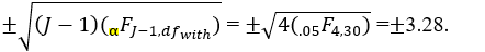 For the contrast, c<sub>1</sub><sub> </sub>= 1, c<sub>2</sub><sub> </sub>= -1/2, c<sub>3 </sub>= -1/2; n<sub>1</sub><sub> </sub>= n<sub>2</sub> = n<sub>3</sub> = 6; df<sub>with</sub> = 30; MS<sub>with</sub> = 9; = 5, = 7.5, = 8.5; \alpha = .05; J = 5. Therefore, contrast \Psi = 5 -(7.5 + 8.5)/2 = -3; standard error of contrast: s<sub> \Psi </sub> = \sqrt{M S_{\text {with }}\left(\frac{c_{1}^{2}}{n_{1}}+\frac{c_{2}^{2}}{n_{2}}+\frac{c_{3}^{2}}{n_{3}}\right)}=\sqrt{9\left(\frac{1}{6}+\frac{1}{24}+\frac{1}{24}\right)}=3 / 2 t = \Psi <sub> \Psi </sub>= -3/(3/2) = -2. critical values: Because |t| = 2 < 3.28, we fail to reject the null hypothesis and conclude that the contrast is not significant at the .05 level of significance.
