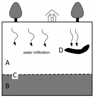 Use the information provided in the illustration below to answer the question(s)  that follow.    -What is the term for zone A? A)  unsaturated zone B)  saturation zone C)  zone of infiltration D)  water zone E)  perched zone