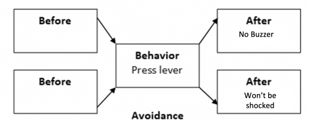 Fill in the empty boxes (yes, nature abhors an empty box). -Diagram an example of cued avoidance in the Skinner box. Remember to include the warning stimulus (buzzer). Hint: The rat is escaping the warning stimulus.   